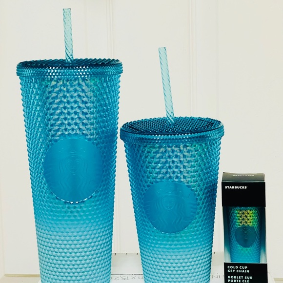 Starbucks Ombre Blue Studded Cup Tumbler Venti Grande Keychain Aqua Splash 3PSet - Picture 6 of 13